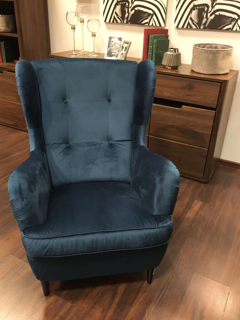 velvet wingback chair, blue armchair, armchair, chair, wingback chair, suede armchair, living room
