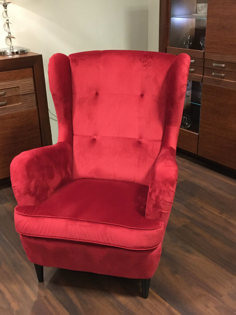 velvet wingback chair, red armchair, armchair, chair, wingback chair, suede armchair, living room